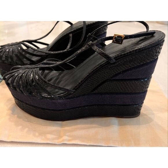 Tory Burch Women's Strappy Leather Snakeskin Platform Wedge Sandals Black Size 9 - Picture 3 of 10